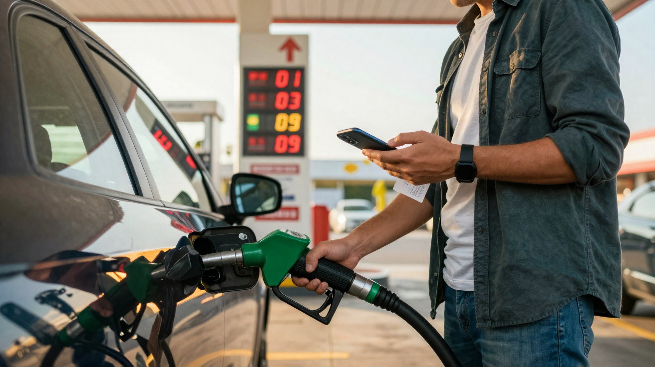 Homem a abastecer carro com gasolina numa bomba de combustível numa estação de serviço.