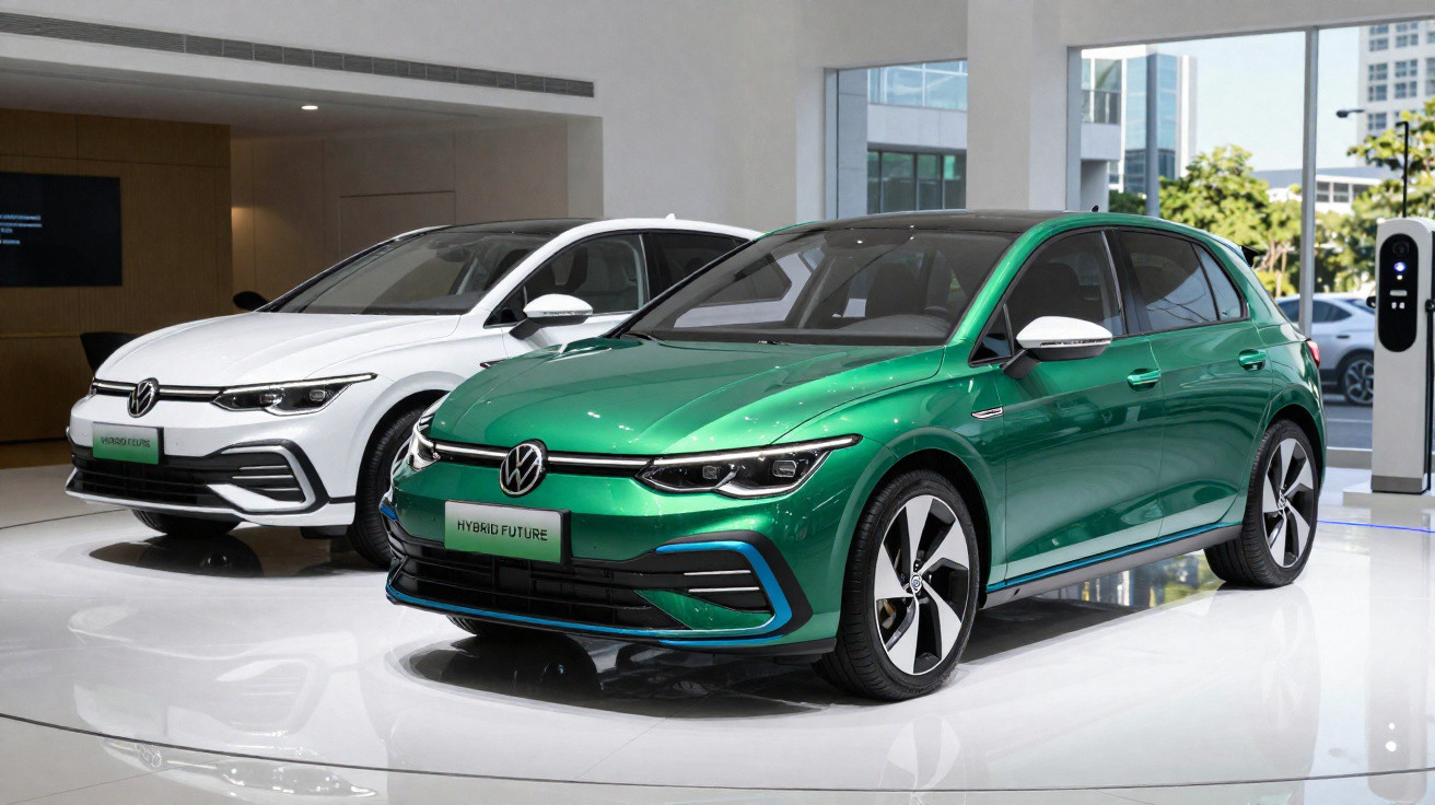 Dois carros Volkswagen híbridos, um verde em primeiro plano e um branco ao fundo, expostos em sala moderna.