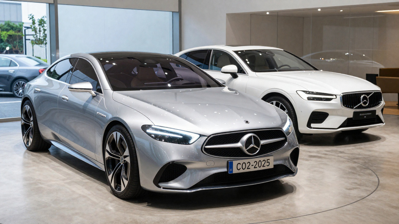 Concessionária com carros de luxo estacionados, destaque para Mercedes prata e Volvo branco.