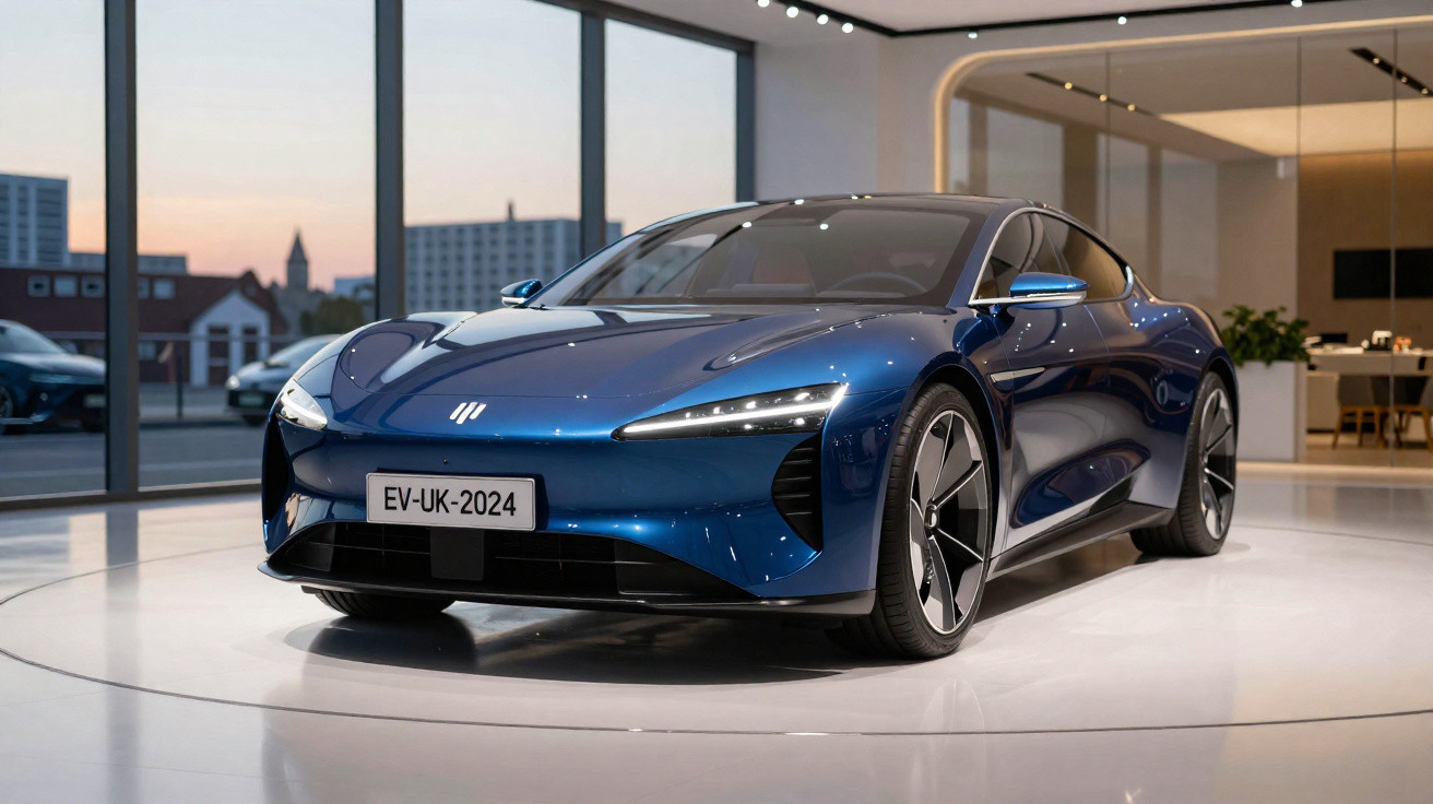 Carro elétrico desportivo azul num showroom moderno com janelas grandes ao pôr do sol.
