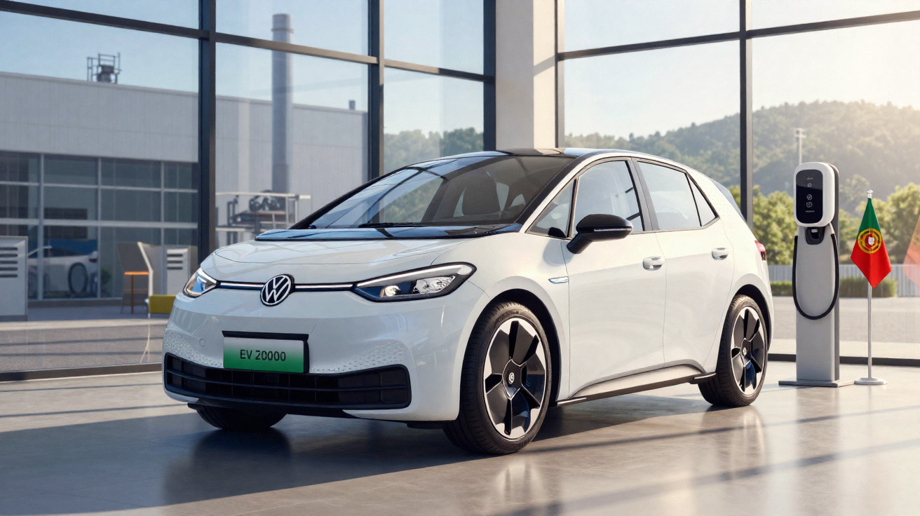 Carro elétrico Volkswagen branco estacionado ao lado de posto de carregamento com bandeira de Portugal.