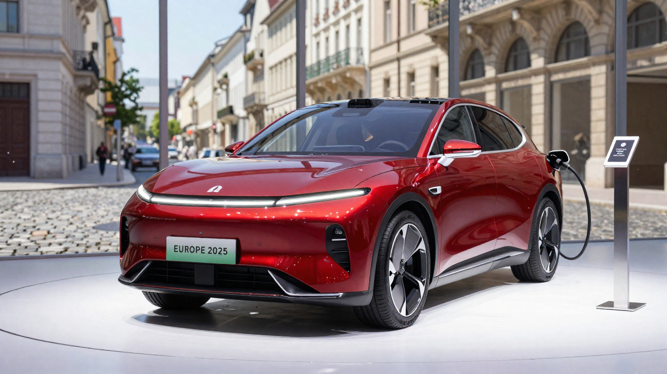Carro elétrico vermelho moderno a carregar numa estação pública numa rua de cidade europeia.