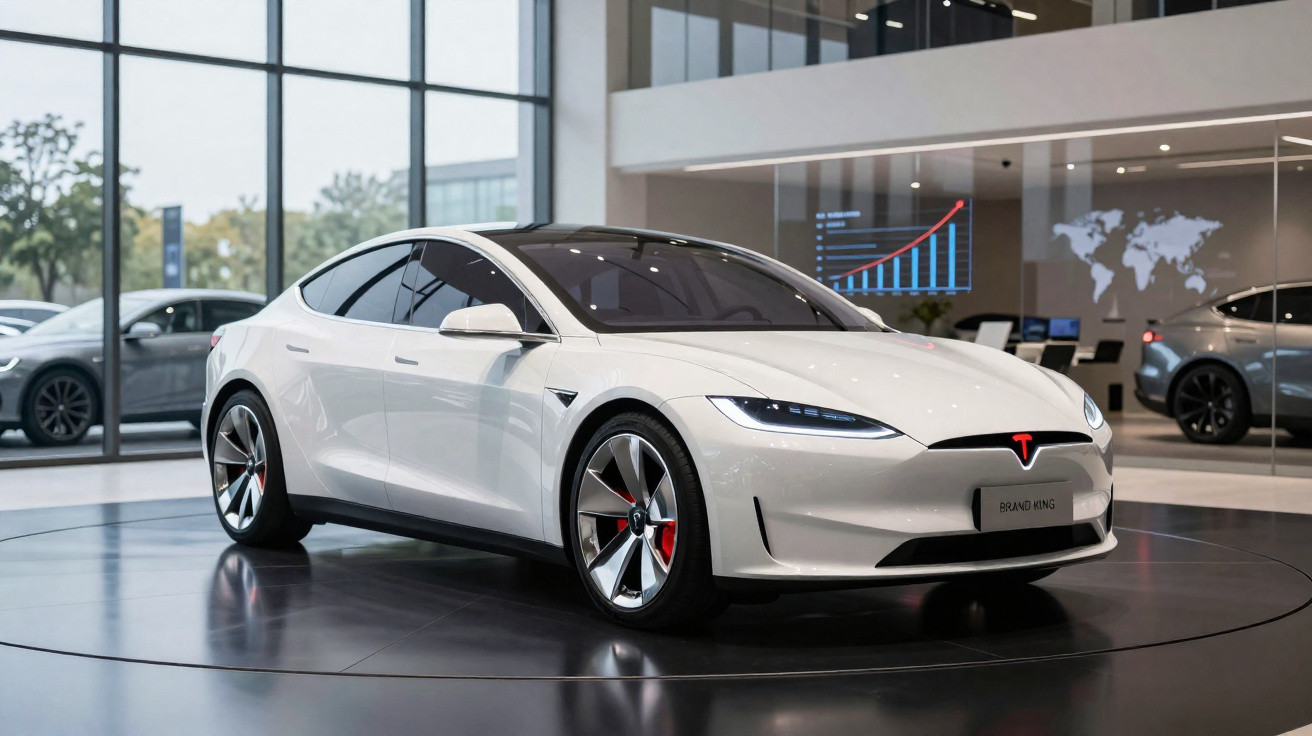 Carro elétrico branco Tesla Model S exposto numa sala moderna com janelas grandes e outros carros ao fundo.