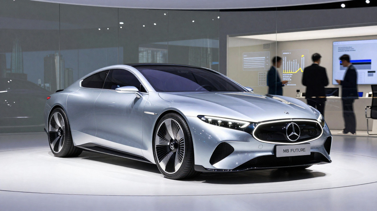 Carro elétrico futurista Mercedes-Benz cinza exibido num salão com três pessoas ao fundo.