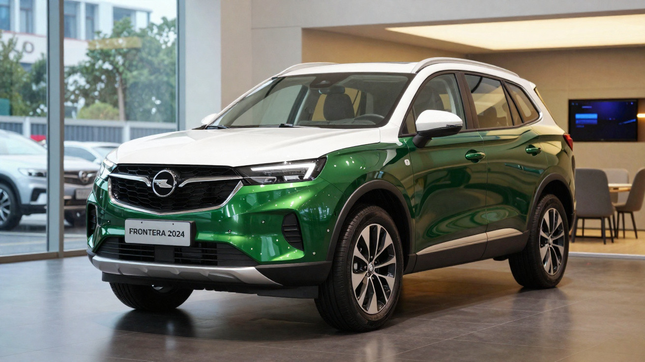 SUV Opel Frontera 2024 verde e branco exposto numa sala de vendas moderna com grandes janelas.