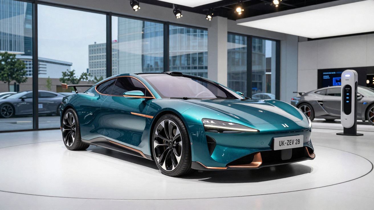 Carro desportivo elétrico azul metálico exposto em showroom moderno com paredes de vidro.