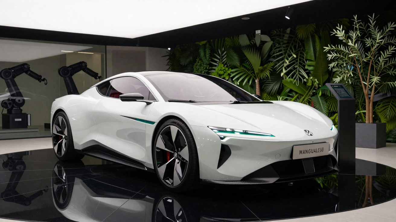 Carro desportivo elétrico branco exposto em ambiente moderno com plantas e robôs industriais ao fundo.