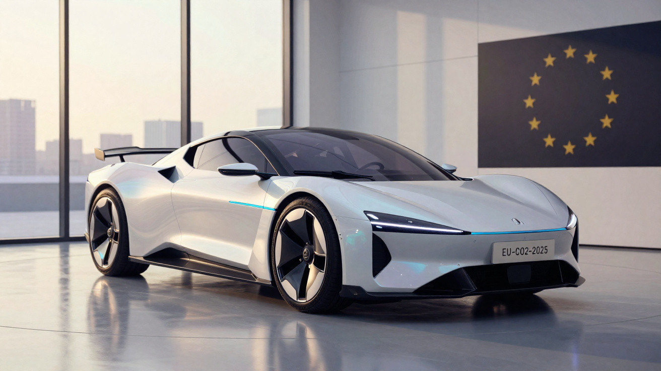Carro desportivo elétrico prateado em showroom moderno com janela grande e bandeira da União Europeia ao fundo.
