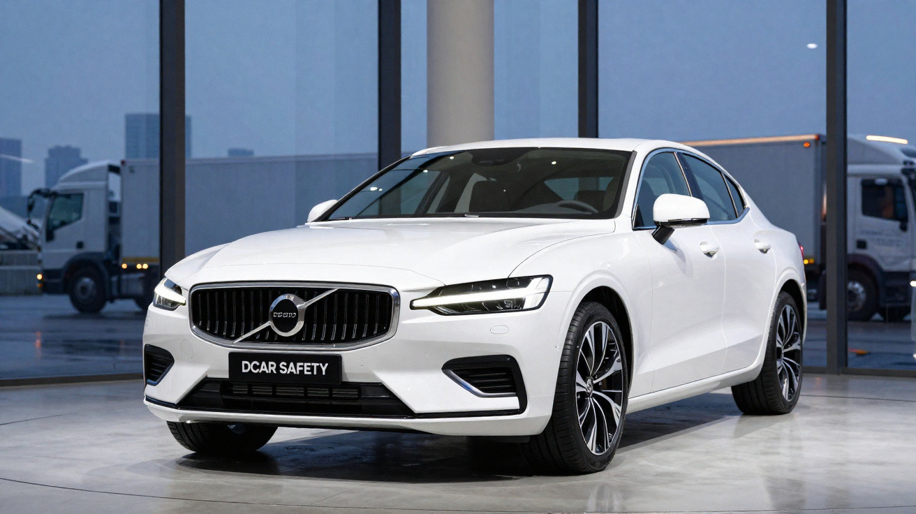 Carro Volvo branco moderno estacionado em espaço interior com fundo de janelas e camiões visíveis.