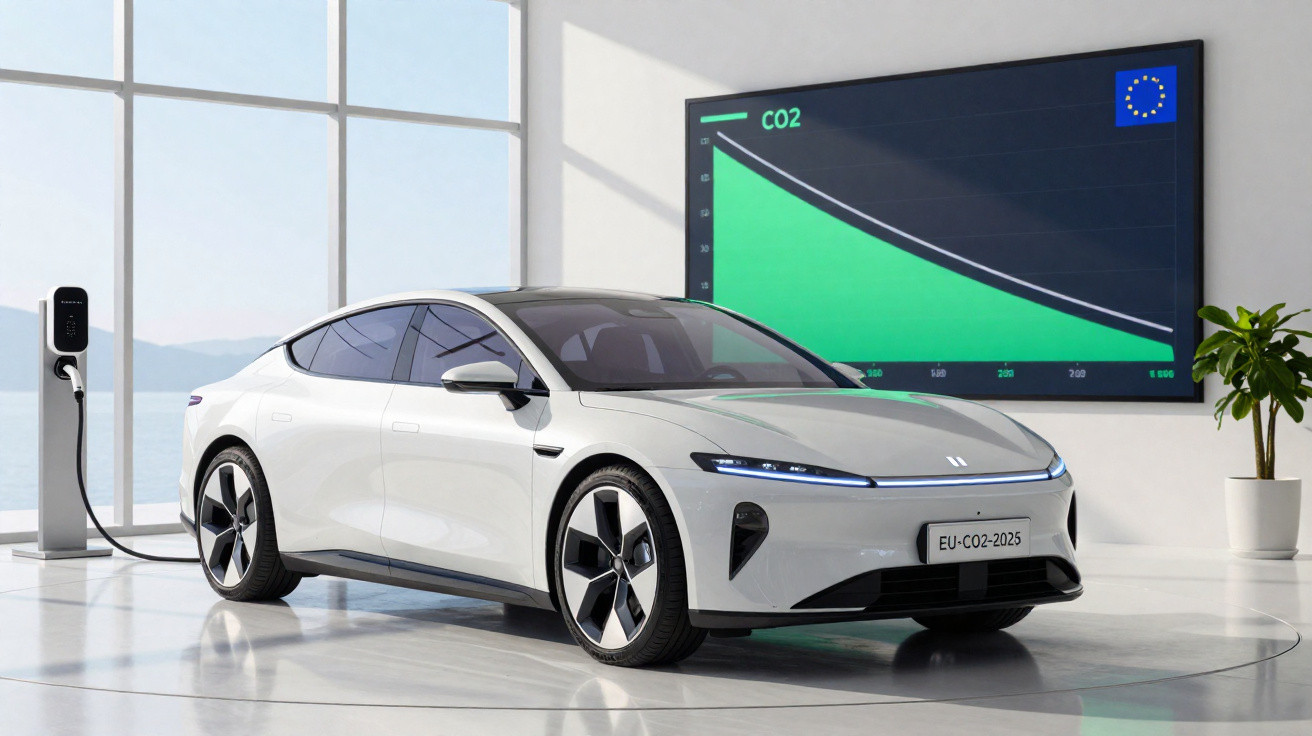 Carro elétrico branco a carregar numa estação com gráfico de redução de CO2 em fundo de vidro e planta.