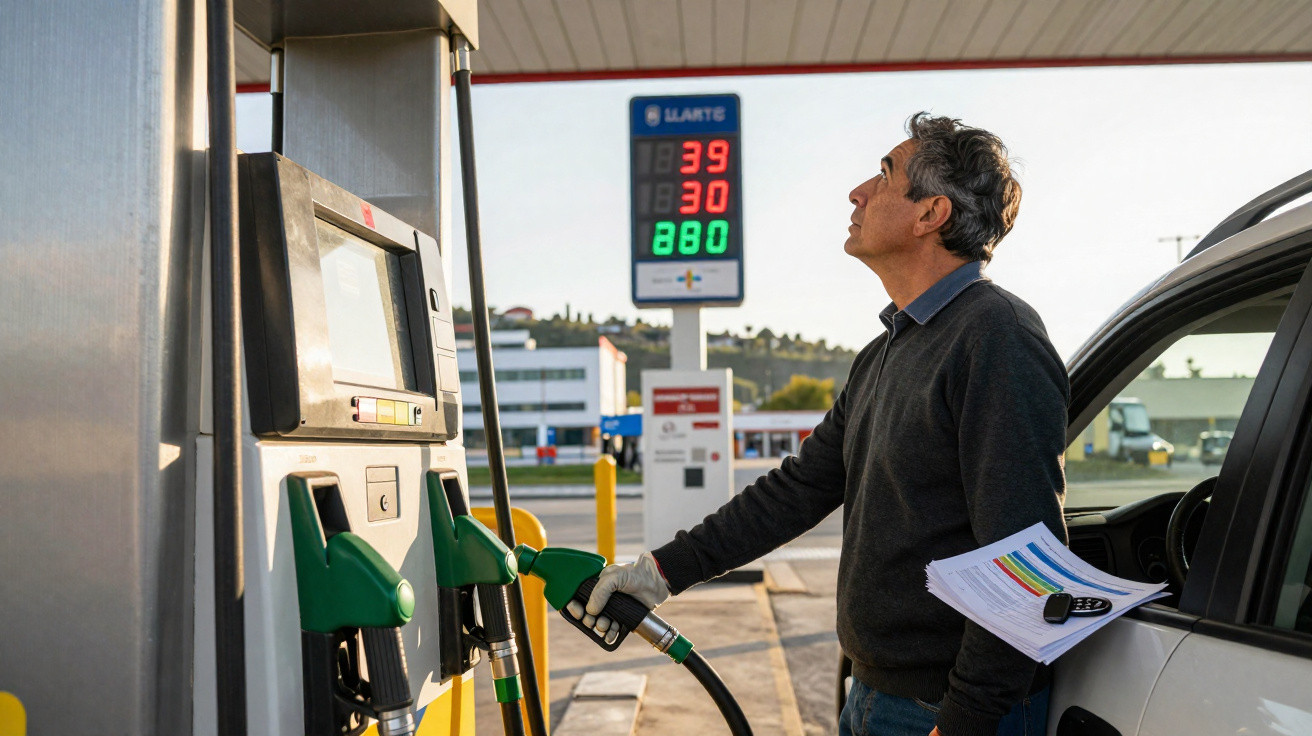 Homem a abastecer carro numa bomba de combustível num posto de gasolina ao ar livre.