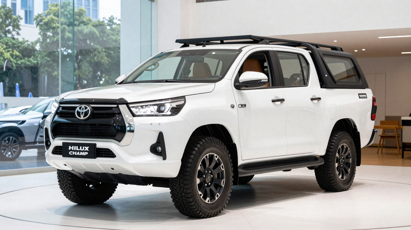 Toyota Hilux Champ branco em exposição num salão, vista frontal lateral direita.