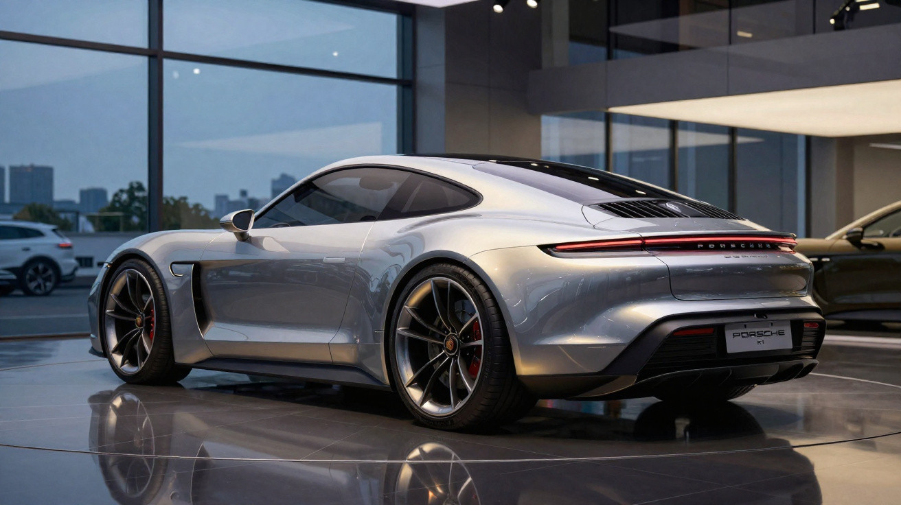 Carro desportivo Porsche cinzento brilhante em exposição num showroom moderno com grandes janelas.