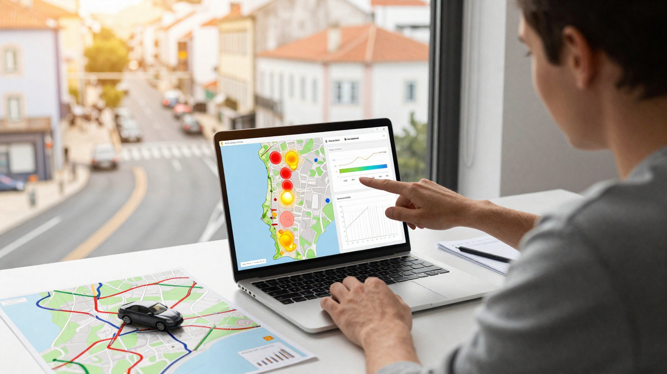 Pessoa analisando num portátil um mapa com indicadores de tráfego e gráficos, sentado junto a uma mesa.