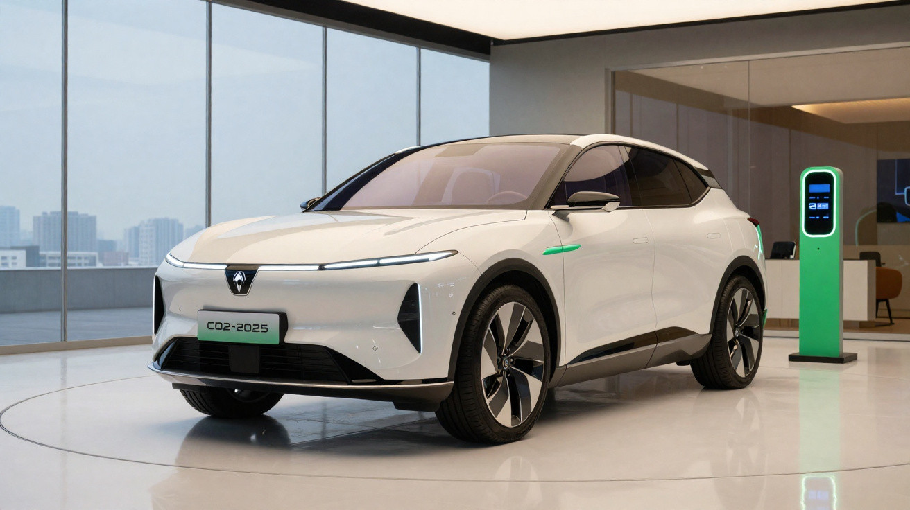 Carro elétrico branco estacionado em espaço moderno, junto a posto de carregamento verde, com vista urbana ao fundo.