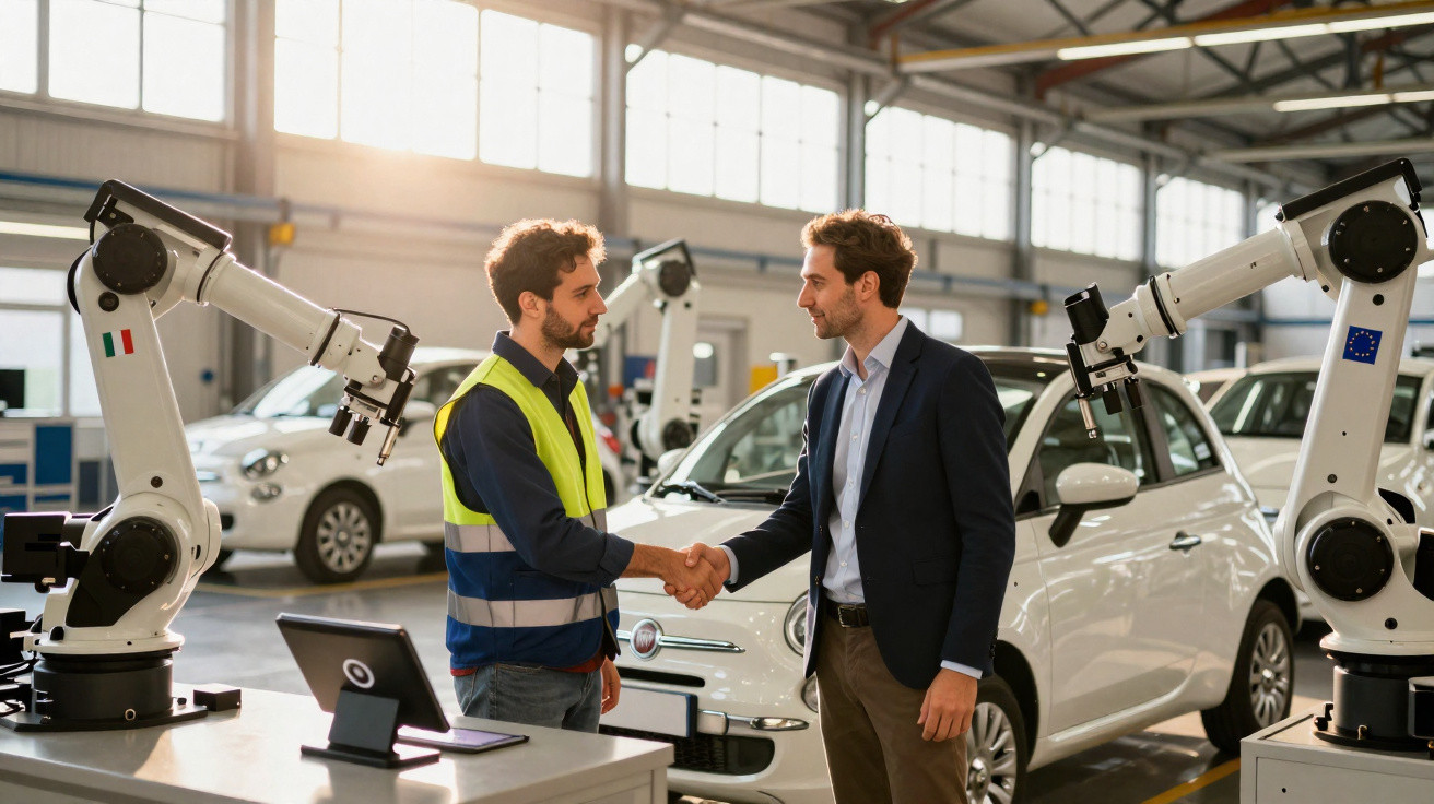 Duas pessoas a cumprimentar-se numa fábrica com braços robóticos e carros elétricos ao fundo.