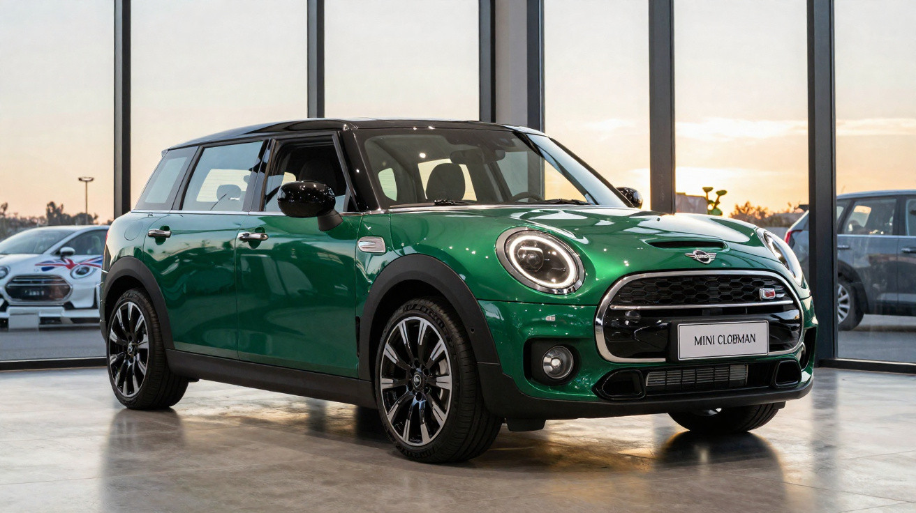 Carro Mini Clubman verde, estacionado num showroom com paredes de vidro e iluminação natural.