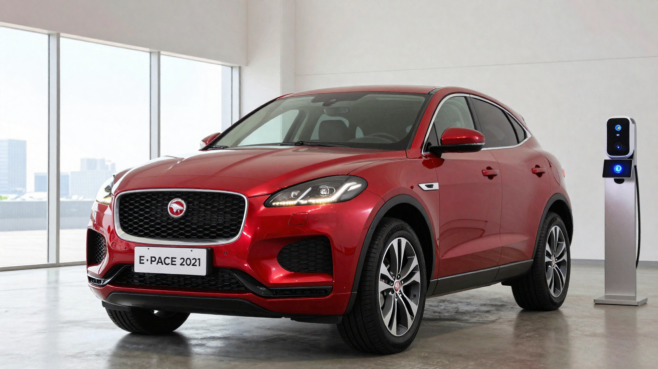Carro SUV elétrico vermelho Jaguar E-PACE 2021 estacionado ao lado de posto de carregamento.