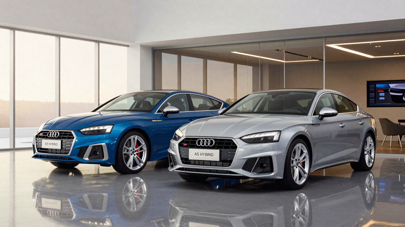Dois automóveis Audi A5 Hybrid, um azul e um cinza, expostos num showroom moderno e iluminado.