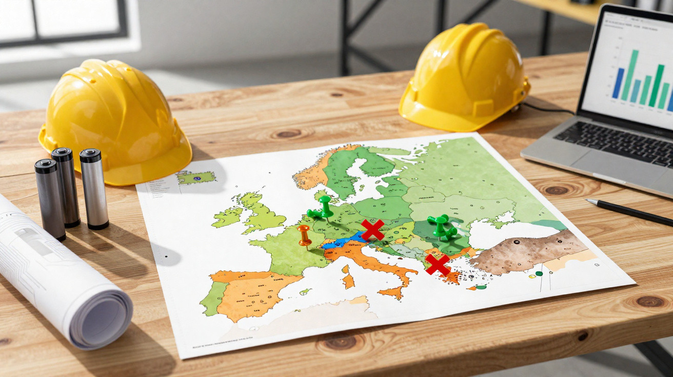Mapa da Europa com marcadores coloridos e capacetes amarelos numa mesa de madeira com portátil ao lado.
