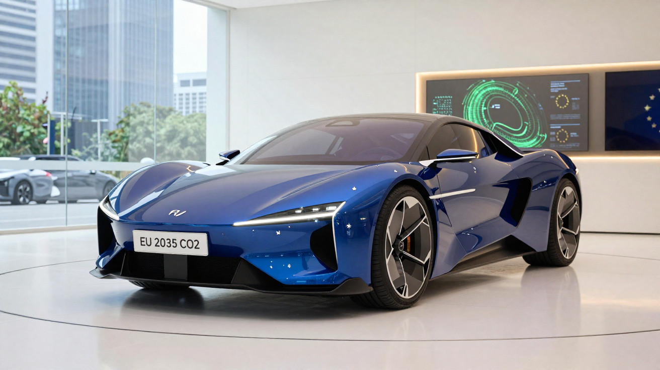 Carro desportivo elétrico azul exposto em salão moderno com janelas amplas e painel digital ao fundo.