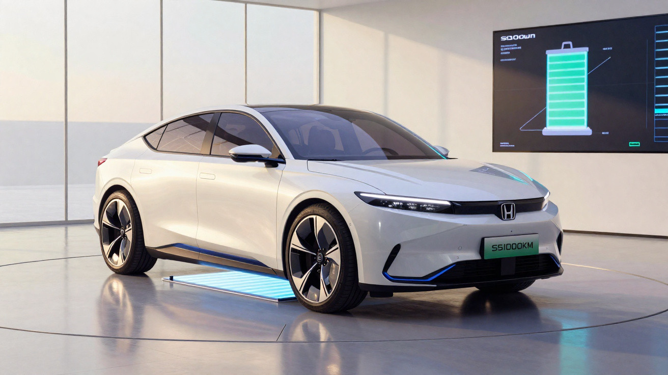 Carro elétrico Honda branco numa sala moderna com ecrã a mostrar indicador de bateria.