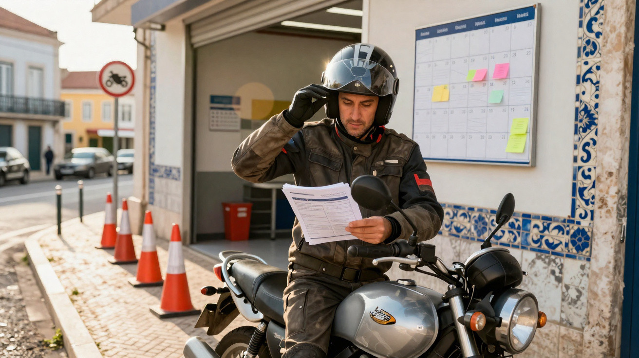 Homem com capacete correndo revisão de documentos junto a uma mota num posto de inspeção viária.