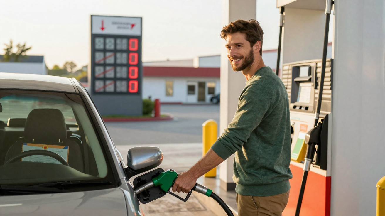 Homem sorridente a abastecer carro com gasolina numa bomba numa estação de serviço.