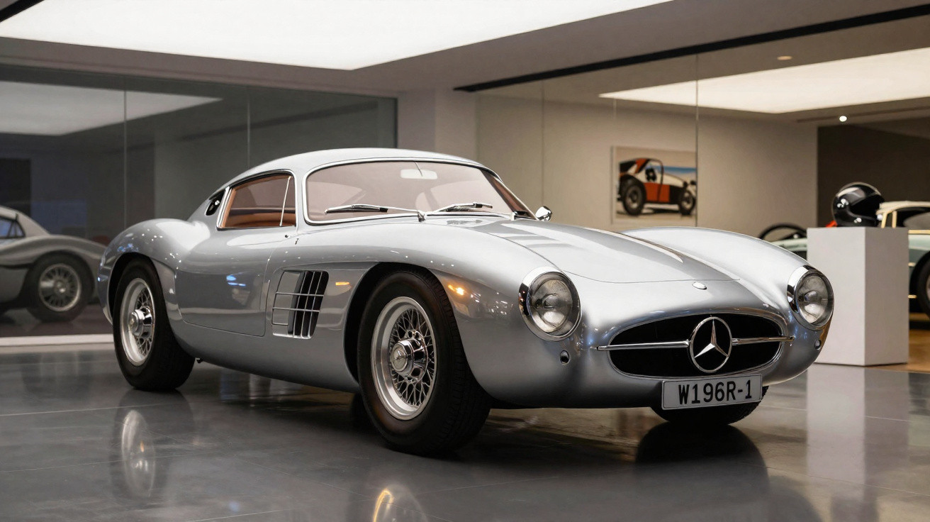 Automóvel clássico prateado Mercedes-Benz vintage exposto em museu moderno com piso reflexivo.