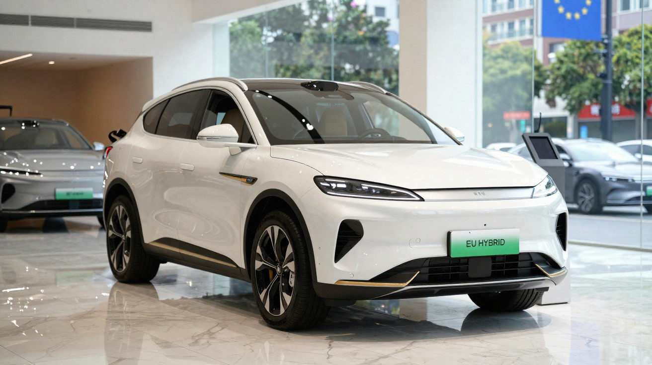 Carro elétrico branco SUV exposto numa sala moderna com chão de mármore e janelas vidradas amplas.