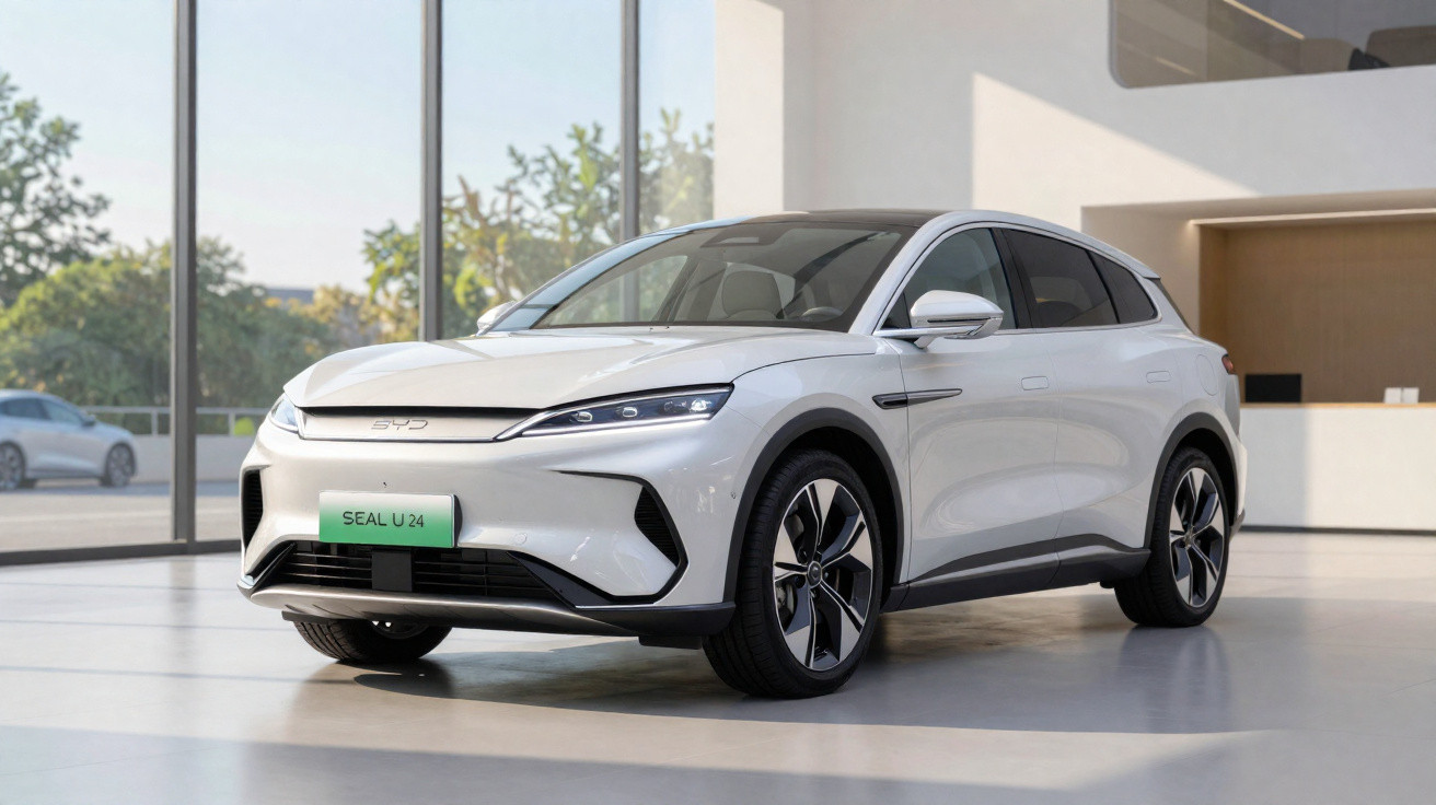 Carro elétrico BYD Seal U24 branco estacionado dentro de showroom moderno com janelas amplas.