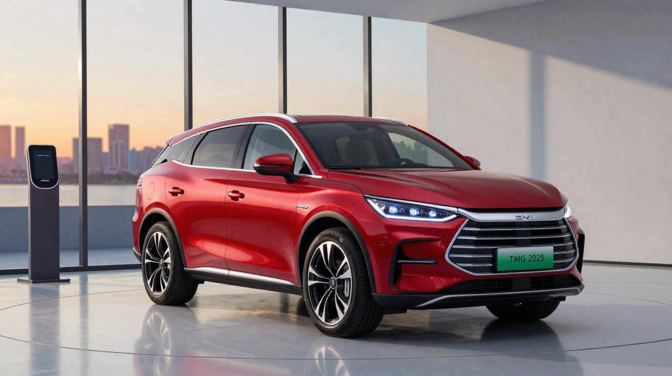 SUV elétrico BYD Tang 2025 vermelho em espaço moderno com chão espelhado e carregador elétrico ao lado.