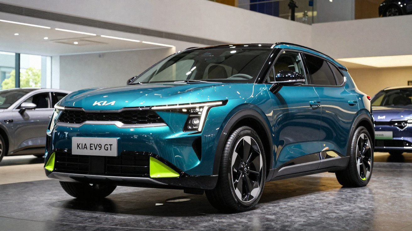 Carro elétrico Kia EV9 GT azul em exposição num salão automóvel interior.
