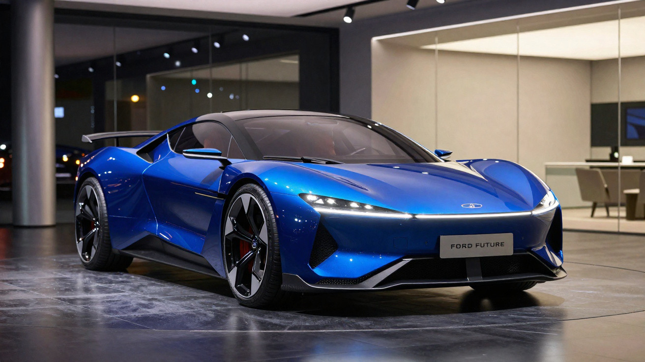 Carro desportivo elétrico Ford Future azul metálico em exposição numa sala moderna e iluminada.