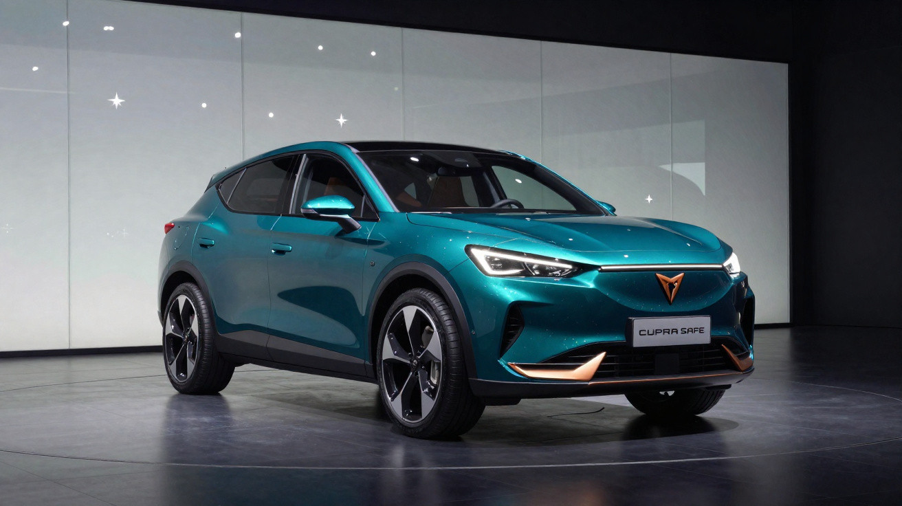 Carro elétrico Cupra Born verde exposto num ambiente moderno com iluminação suave e fundo branco.