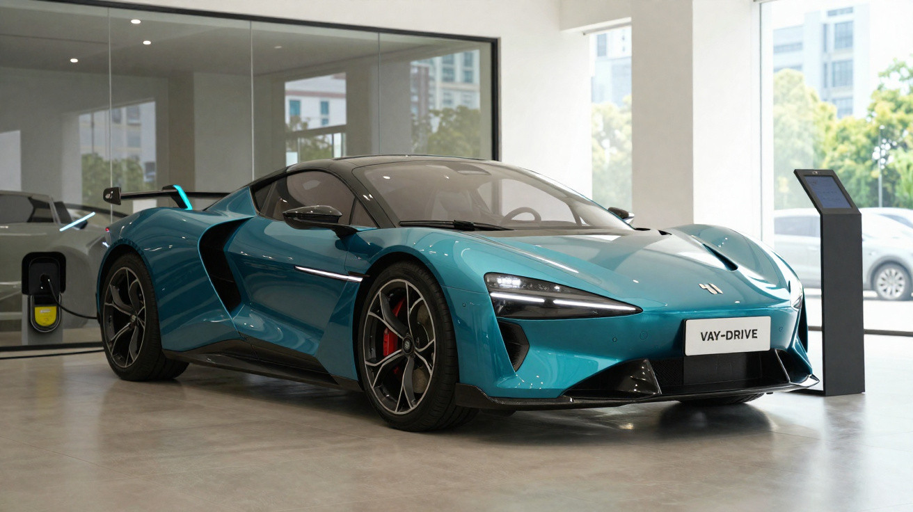 Carro desportivo elétrico azul com design futurista, estacionado numa sala moderna com carregador elétrico.