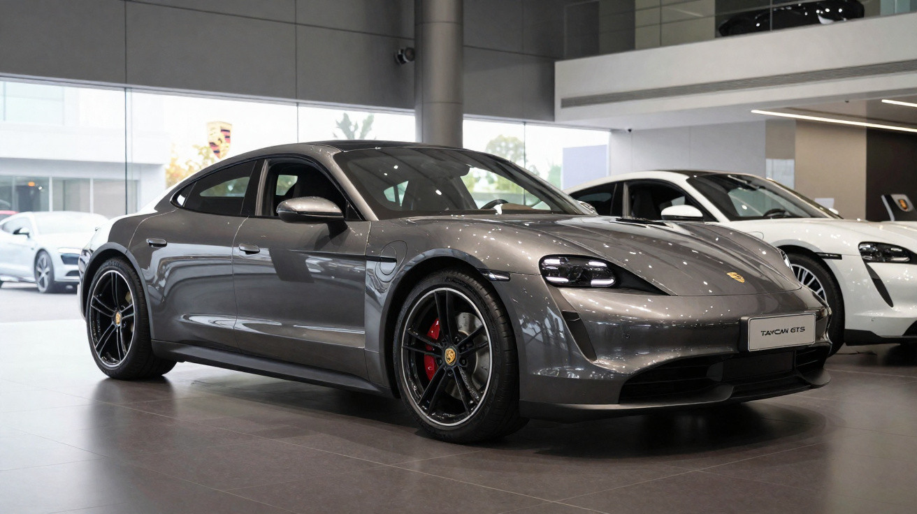 Carro elétrico Porsche Taycan GTS cinzento exposto numa garagem moderna com outro Porsche branco ao fundo.