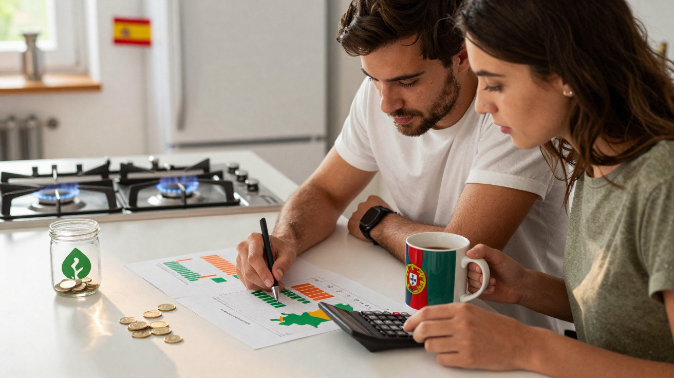 Casal sentado à mesa a analisar gráficos enquanto faz contas, com moedas e caneca com bandeira de Portugal.