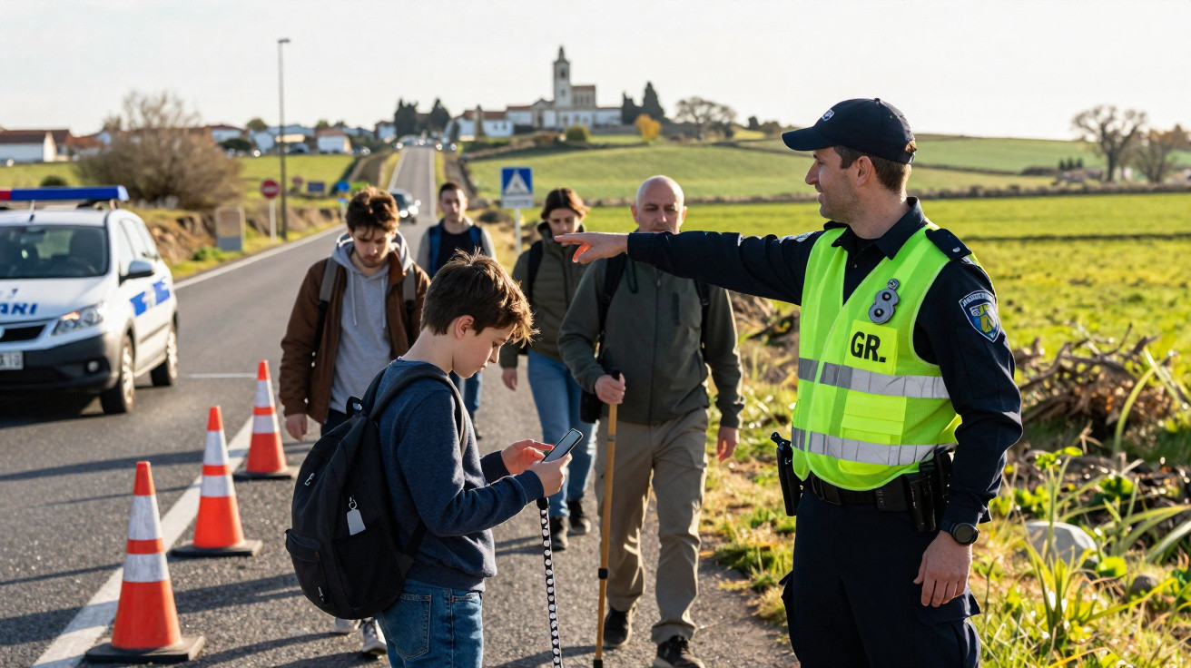 Polícia em colete refletor a orientar grupo de caminhantes numa estrada rural com cones de sinalização.