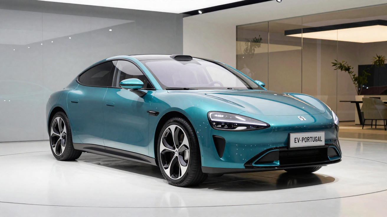 Carro elétrico azul metálico de salão, modelo desportivo com design moderno e placa EV-PORTUGAL.