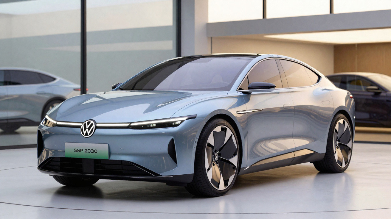 Carro elétrico Volkswagen SSP 2030 cinza claro estacionado em interior moderno de exposição.