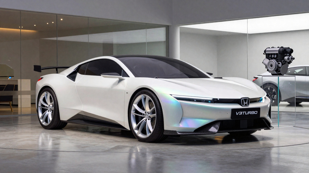 Carro desportivo branco Honda VETurbo em exibição num showroom moderno e minimalista.
