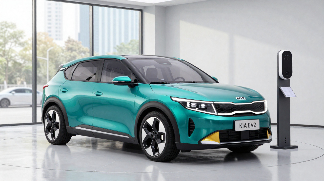 Carro elétrico Kia EV2 verde exposto em showroom moderno ao lado de estação de carregamento.