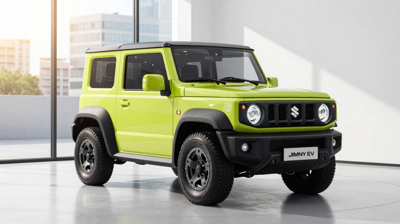 Automóvel Suzuki Jimny EV verde, modelo SUV compacto, exposto em ambiente interior moderno e iluminado.
