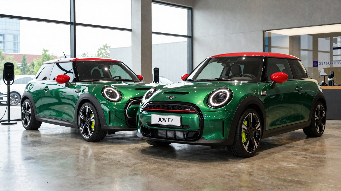 Dois carros Mini Cooper elétricos verdes com teto e espelhos vermelhos em exposição interior.