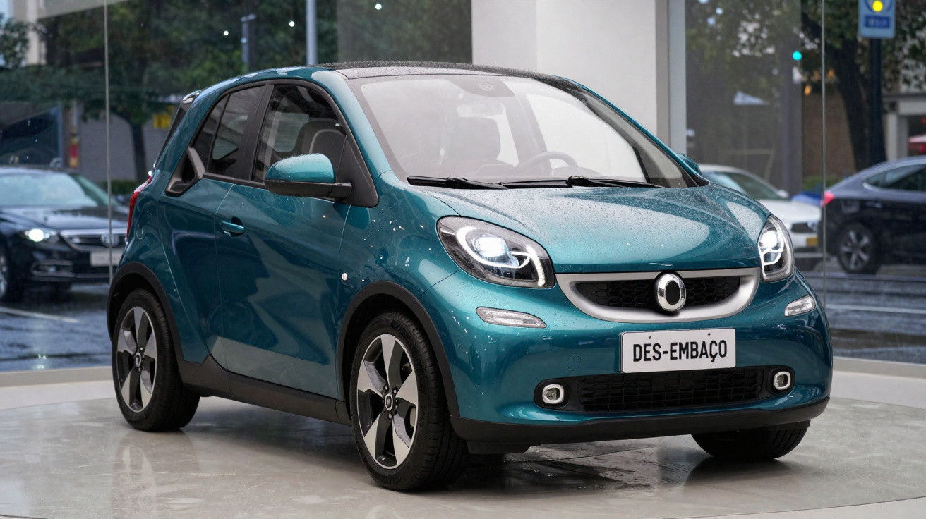 Automóvel compacto elétrico azul metálico em exposição com faróis acesos e placa "DES-EMBAÇO".