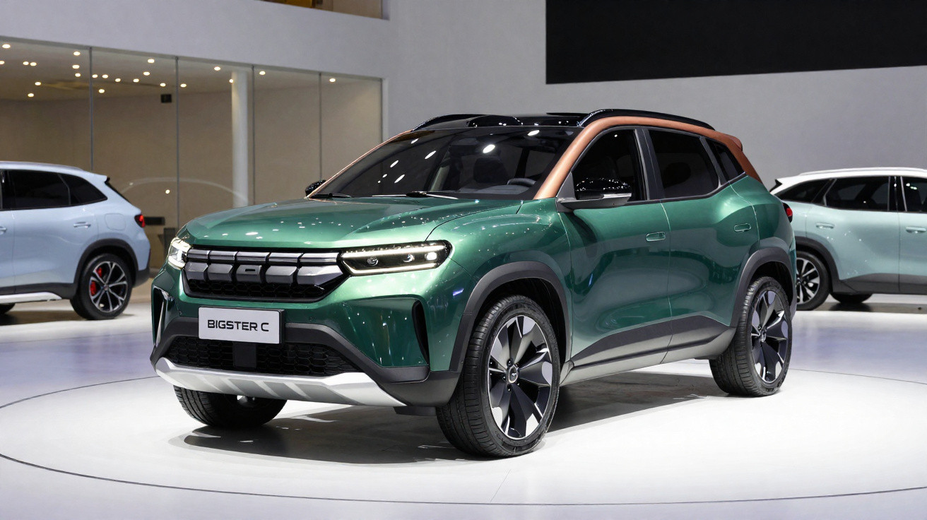 Carro SUV elétrico verde com detalhes castanhos exposto em salão automóvel iluminado.