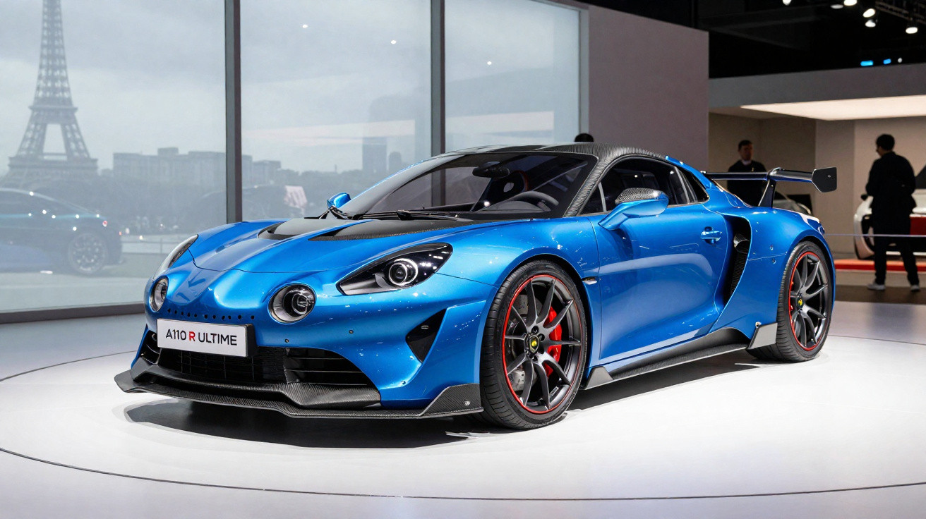 Carro desportivo azul estacionado em exposição com a Torre Eiffel ao fundo.