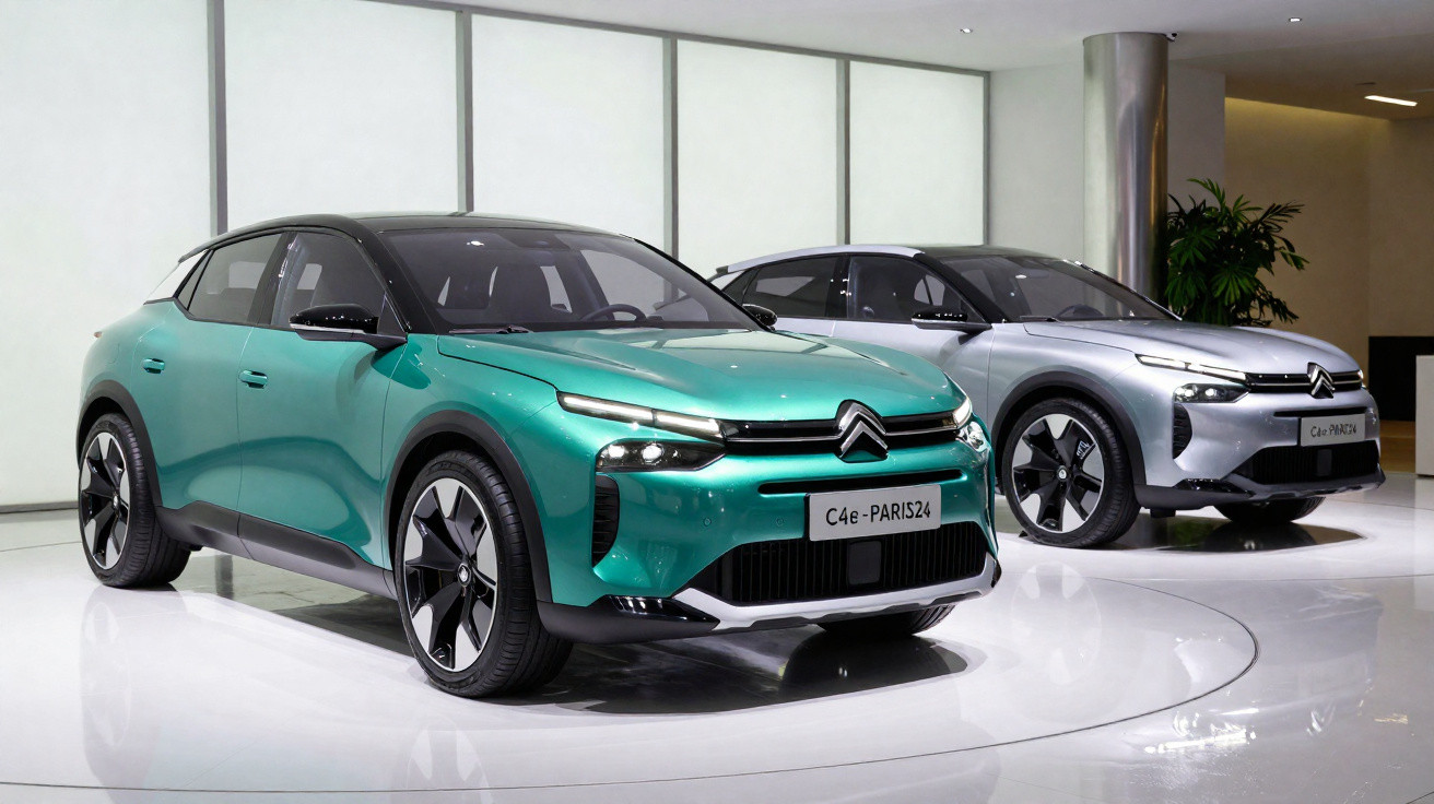 Dois carros elétricos Citroën C4e estacionados em ambiente de exposição, um verde e outro cinza.