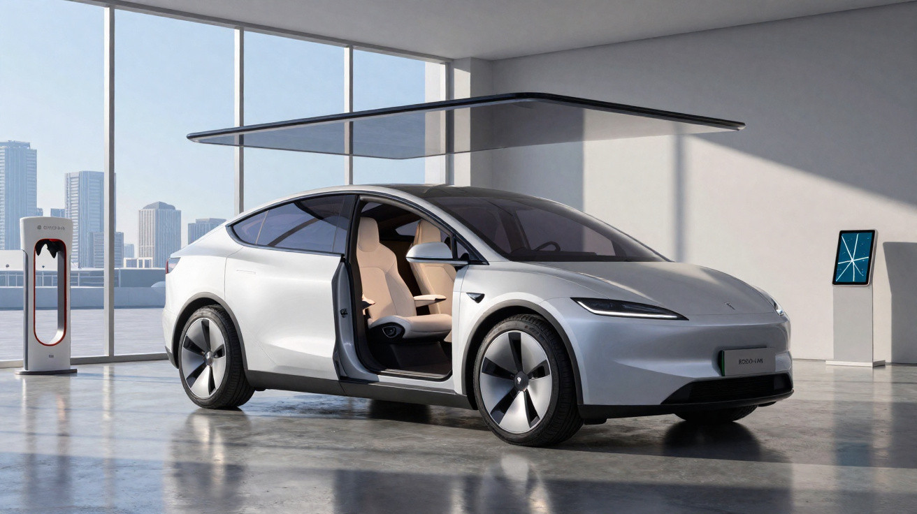 Carro elétrico branco com porta aberta e design futurista numa garagem com carregador e vista urbana.